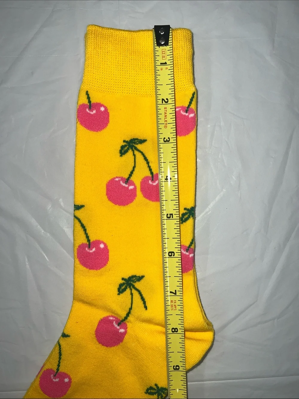 Bright Yellow Cherry Print Crew Socks Vibrant Pink Fruit Pattern